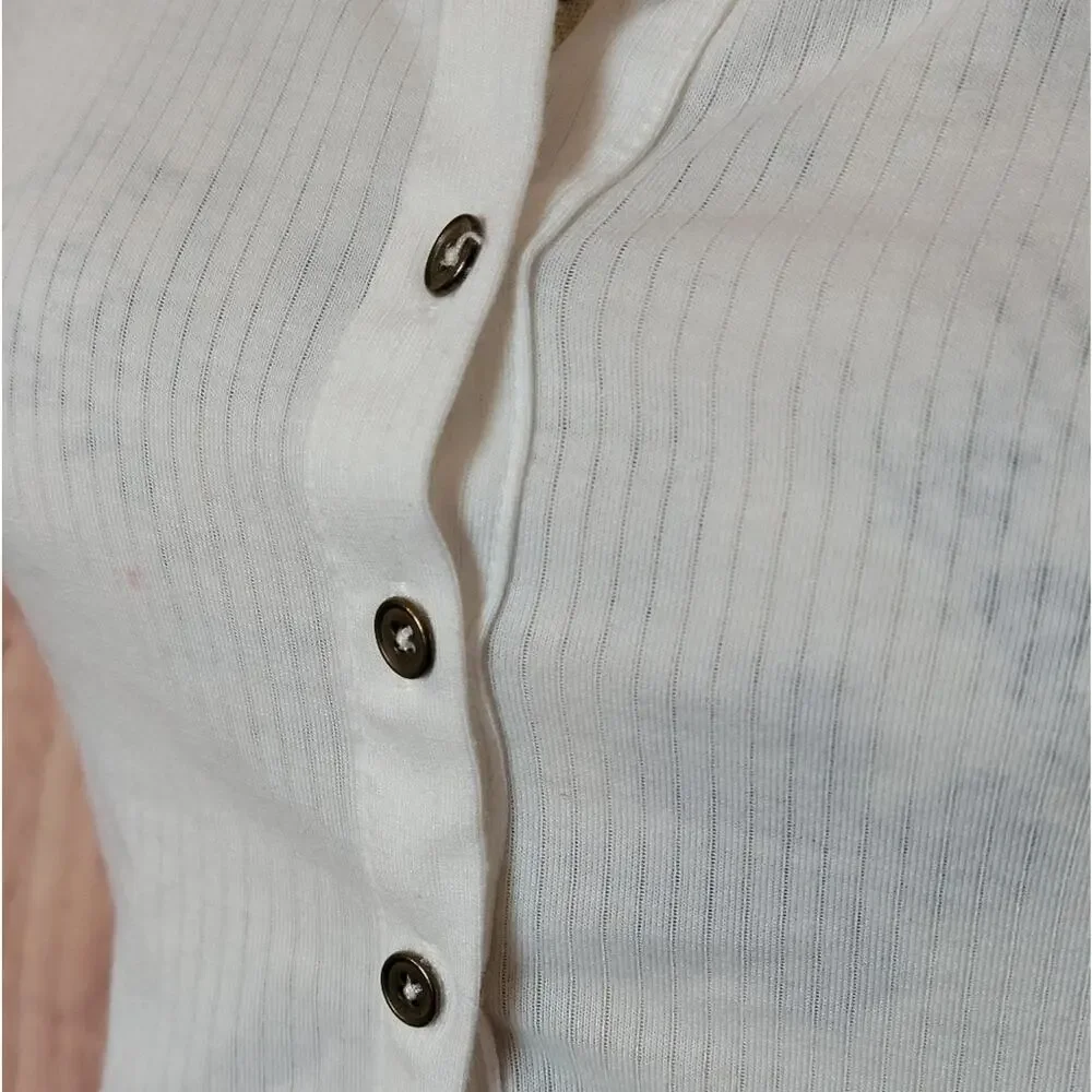 Forever 21 Ivory White Ribbed Button Up Crop Top, Sz S - Picture 5 of 8
